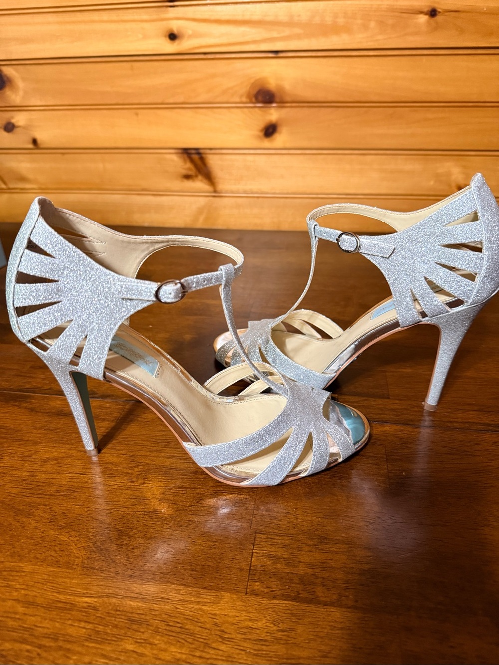 Betsey Johnson Silver Glitter T-Strap Stiletto Sandals